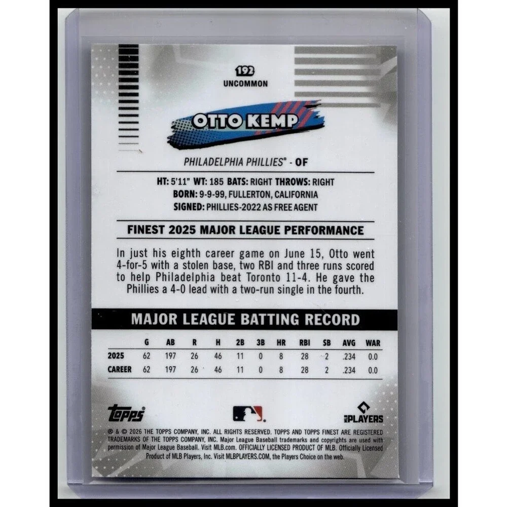 2026 Topps Finest Baseball #192 Otto Kemp, Philadelphia Phillies RC Purple/75